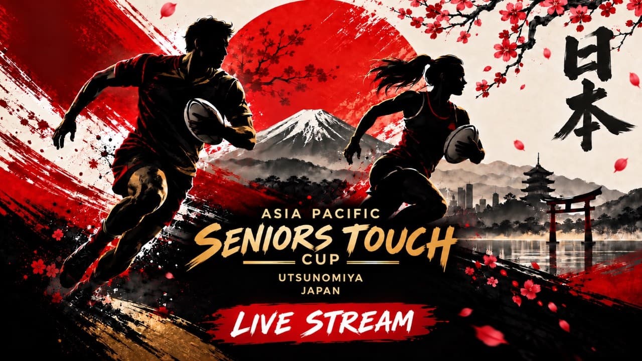 Asia Pacific Seniors Touch Cup 2026 artwork: two players running in front of a red sun and Mount Fuji